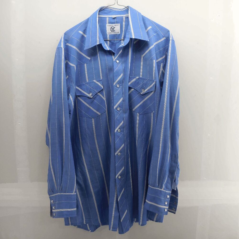 Vintage Corral West Ranch Wear Pearl Snap Western Shirt Blue Striped Mens Size L